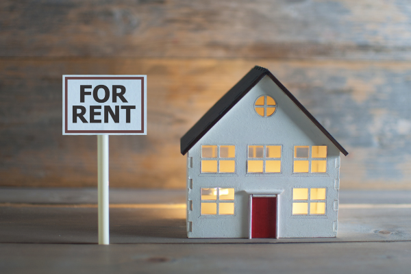 small toy house with a for rent sign next to it